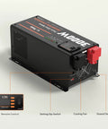 Zero Fuss Heavy Duty 3000W Pure Sine Wave Inverter Charger with features like cooling fan, setting switches for RV and off-grid use.