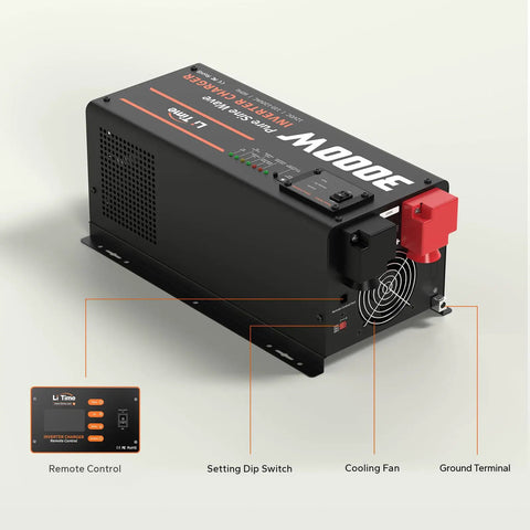 Zero Fuss Heavy Duty 3000W Pure Sine Wave Inverter Charger with features like cooling fan, setting switches for RV and off-grid use.