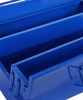 Badass Blue Iron Double Layer Toolbox Organizer With Grip Carry Handle Portable Heavy Duty Build For Garage Setup Or Job Site Grind To Keep Tools Locked In, showing interior compartments.