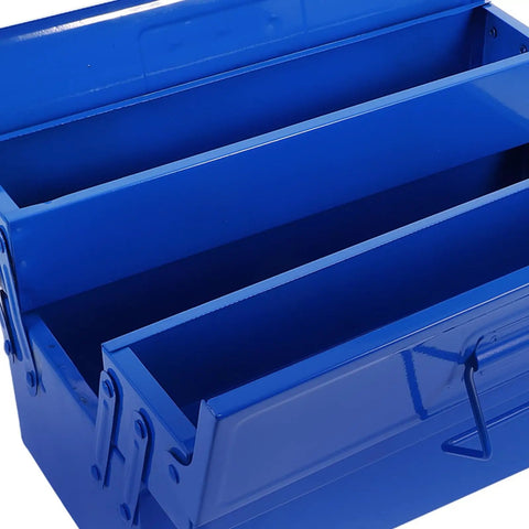 Badass Blue Iron Double Layer Toolbox Organizer With Grip Carry Handle Portable Heavy Duty Build For Garage Setup Or Job Site Grind To Keep Tools Locked In, showing interior compartments.