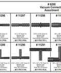 Front view of Disco 8200 Vacuum Connector Assortment showing 12 black nylon barbed hose connectors, tees, and reducers.