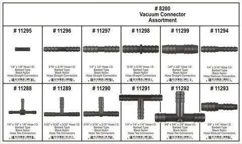 Front view of Disco 8200 Vacuum Connector Assortment showing 12 black nylon barbed hose connectors, tees, and reducers.