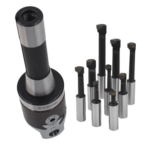 Two Inch Boring Head Set With Half Inch Hole Nine Pack Carbide Boring Bars For Milling Machines R8 Shank Durable Ground Adjusting Screw