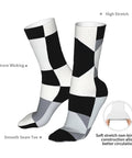 Game Changing Compression Socks For Men And Women Rocking A Dope Black And White Piano Plate Grid Pattern moisture wicking with high stretch.