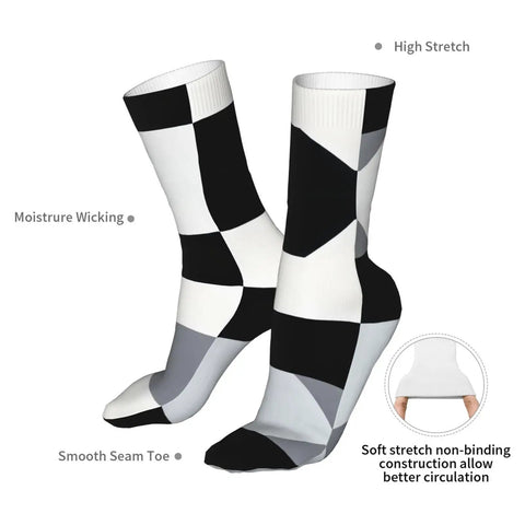 Game Changing Compression Socks For Men And Women Rocking A Dope Black And White Piano Plate Grid Pattern moisture wicking with high stretch.