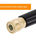 Close-up of Awpeye brass pressure-washer coupler with 1/4 inch quick-connect to female NPT on black hose.