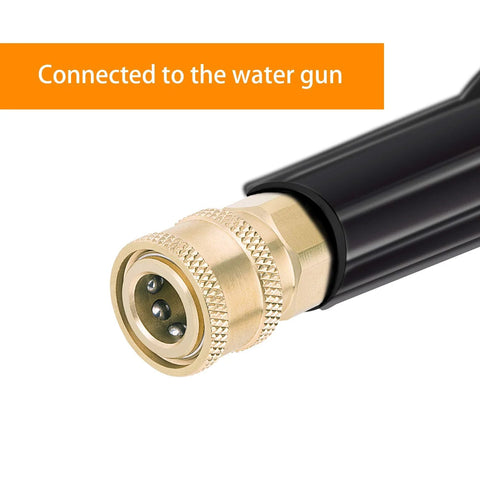 Close-up of Awpeye brass pressure-washer coupler with 1/4 inch quick-connect to female NPT on black hose.