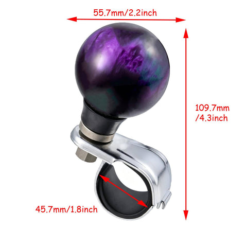 Ball Shape Steering Wheel Spinner Knob for Tractors Forklifts and Lawn Mowers, Dark Purple, Resin and Metal, dimensions shown.