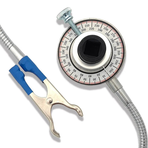 Torque Angle Gauge 1/2 Inch Drive With Flexible Clip Arm, 360 Degree Torque Wrench Angle Meter For Tightening Bolts In Hard To Reach Spots, Adjustable 0 To 360 Degrees, Works With Ratchet Or Breaker Bar, flexible shaft and clamp