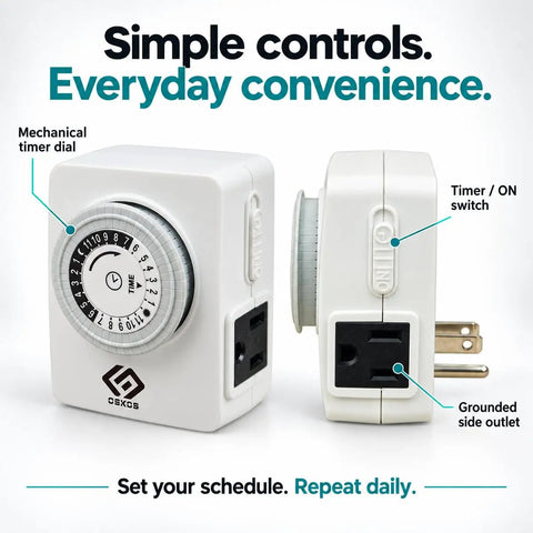 Total Snap 24 Hour Mechanical Outlet Timer With 30 Minute Setting Pins And Dual Grounded Outlets For Dead Simple Daily On Off Scheduling Christmas Trees And Small Appliances Killer Price Two Pack Bundle showing timer dial and side outlets.