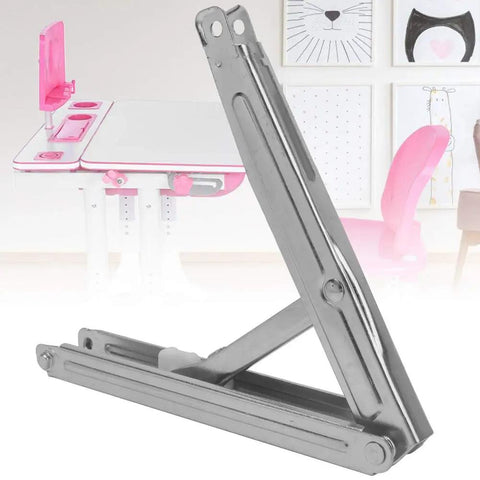 Adjustable Desk Hinge for school and home use, folding lift frame in zinc alloy and iron, visible in a desk setup
