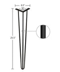 Diagram of 25.5 Inch Hairpin Leg Set of 4, Heavy Duty Steel Table Legs With Free Screws, Supports Up To 200 Lbs, dimensions shown