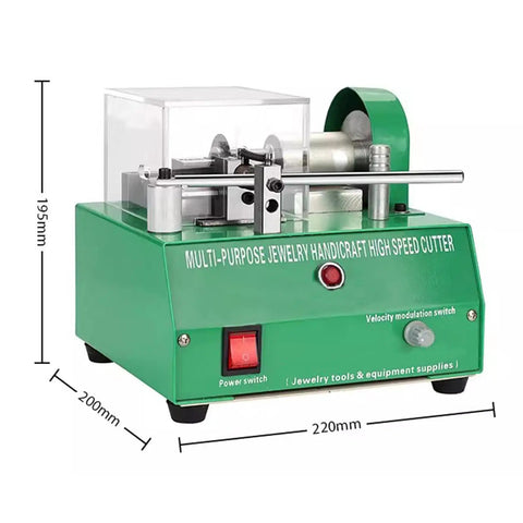 Zoienu Mini Electric Lathe For Jewelry Cutting With Adjustable Speed Ideal For Thin Tubes And Bracelet Metal Products In Silver And Copper Processing Precise Fine Crafting Tool. Green high-speed jewelry cutter with protective cover.