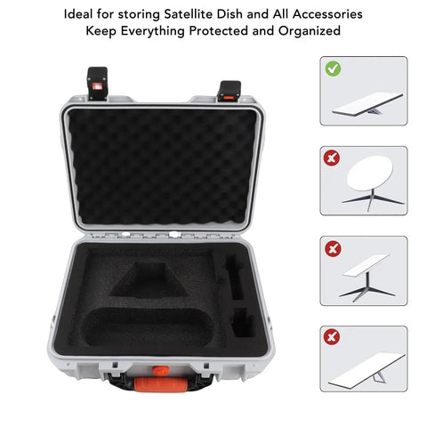 Open hard case with precision foam inserts for mini satellite dish, showing compartments and lock details.