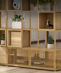 Heavy Duty Seven Tier Industrial Bookshelf Rustic Wood Storage Cabinet Freestanding Floor Display Rack with plants and decor.