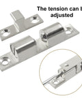 Stylish Solid Brass Cabinet Latches With Adjustable Ball Tension And Double Roller Catch Design For Closet Doors And Furniture, Easy Install Silver 4 Pack Kit showing adjustable tension mechanism.