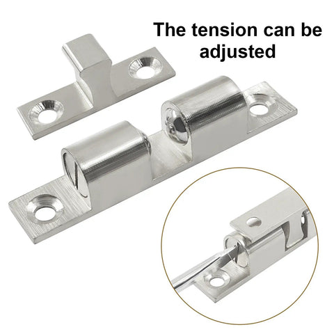 Stylish Solid Brass Cabinet Latches With Adjustable Ball Tension And Double Roller Catch Design For Closet Doors And Furniture, Easy Install Silver 4 Pack Kit showing adjustable tension mechanism.
