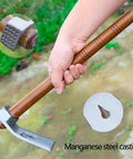 Multi Function Garden Hoe Tool with Long Wooden Handle, manganese steel head, green oak grip, hammer-puller feature visible