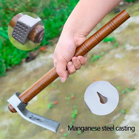 Multi Function Garden Hoe Tool with Long Wooden Handle, manganese steel head, green oak grip, hammer-puller feature visible