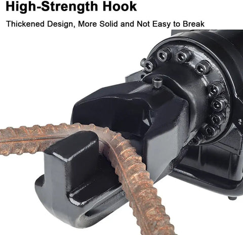 Heavy Duty Electric Rebar Bender Machine 1200W Hydraulic Steel Bar Bender Hook design gripping rebar in construction setting.