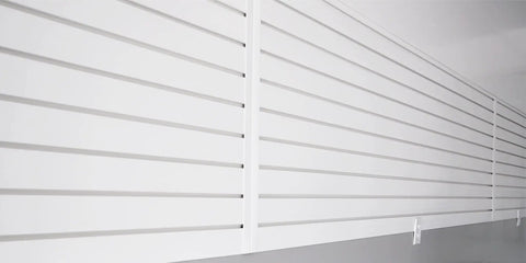 SlatWall 12 Inch White Sample For Quick Color Check And Hands On Project Planning Perfect Way To Preview Configurations And See How It Looks Before You Buy, close-up view of white slats on a wall.