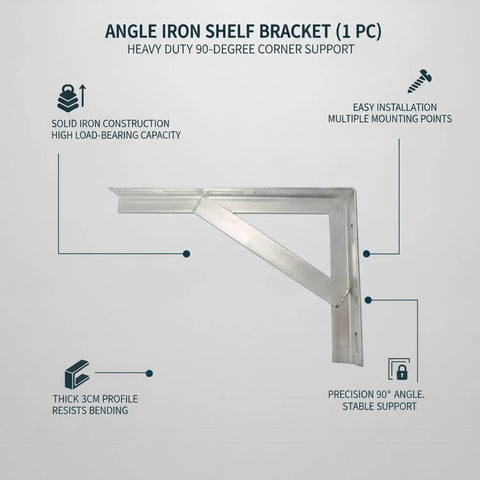 Heavy Duty Iron Angle Bracket 90 Degree L Shaped Support For Garage Shelves And Workbenches, Silver Finish, 1 Piece