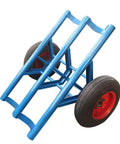 Premium Power Pole Transporter Single Hand Dolly Hauler Rig for Cement Bags and Electrical Hardware, blue steel frame with wheels.