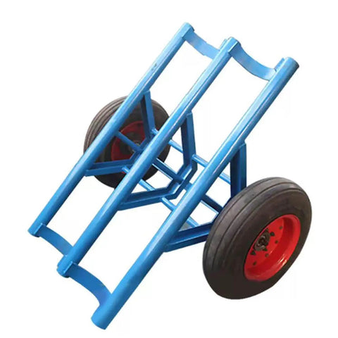 Premium Power Pole Transporter Single Hand Dolly Hauler Rig for Cement Bags and Electrical Hardware, blue steel frame with wheels.