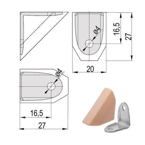 Technical drawing and image of 10 Pack 90 Degree Steel Shelf Brackets With Plastic Screw Covers For Furniture And Wall Mounts Universal Beige Birch