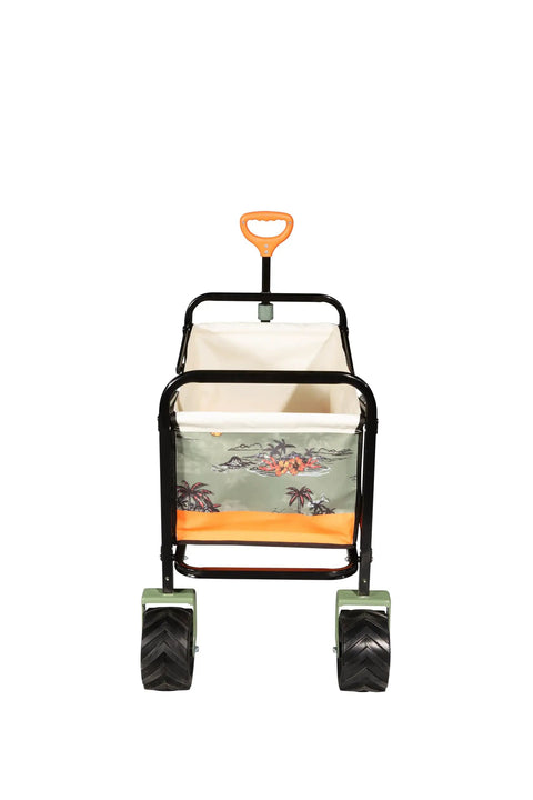 Front view of heavy-duty collapsible beach wagon with all terrain wheels and large storage, adjustable handle visible