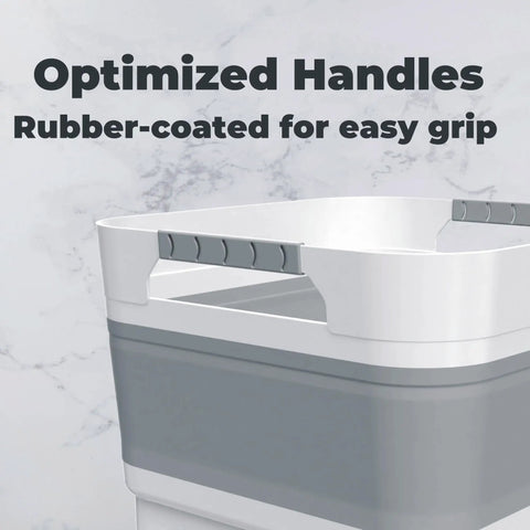 Close-up of 2.6 Gallon Collapsible Wash Basin With Drain Plug For Baby Bottles And Dishes, gray tub with rubber-coated handles