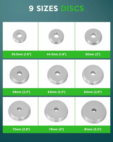 Nine disc sizes of Aluminum Bearing Race And Seal Driver Kit 10 Piece With 9 Disc Sizes Bushing Installer for wheel bearings