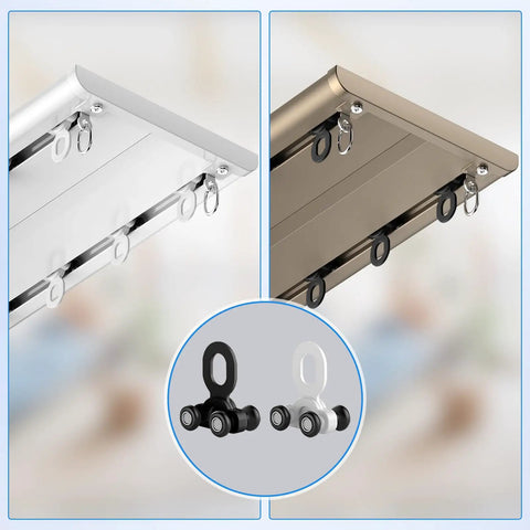 Top Shelf Heavy Duty 20 Piece White Curtain Track Roller Set With Silent Aluminum Pulleys in white and beige shades with rollers.