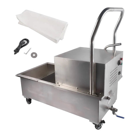 Heavy Duty 370W Commercial Fryer Oil Filter Cart With Stainless Steel Body For Restaurants showing tank, hoses, and wheels for easy mobility.