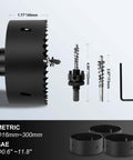 Black hole saw kit with heavy-duty arbor; includes three HSS bi-metal cutters, drill bits, and hex key