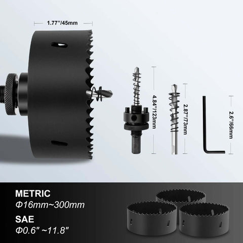 Black hole saw kit with heavy-duty arbor; includes three HSS bi-metal cutters, drill bits, and hex key