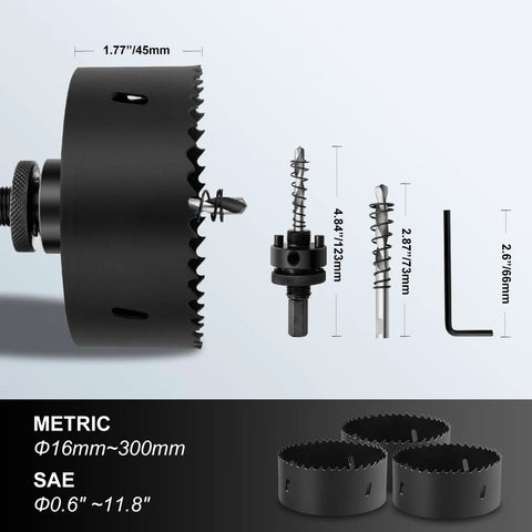 Heavy Duty 5/8 Inch 16mm M42 Bi-Metal Hole Saw Set With Hex Shank Arbor for wood, metal, plastic, including center bits and wrench