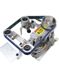 Heavy Duty 550W Belt Sander With Brushless Motor And 762x25 Mm Sanding Belt, showing metal construction with pulleys and sanding belt.