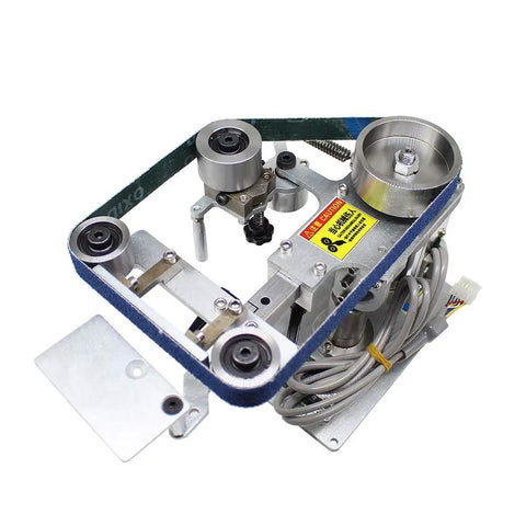 Heavy Duty 550W Belt Sander With Brushless Motor And 762x25 Mm Sanding Belt, showing metal construction with pulleys and sanding belt.