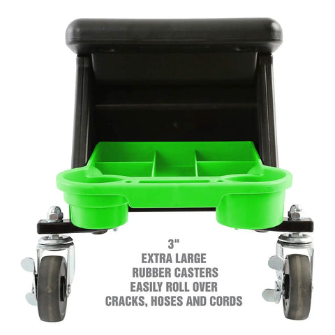Heavy Duty Rolling Workbench And Creeper Seat For Auto Repair, A Garage Must Have Mechanics Stool With Wheels, Green And Black