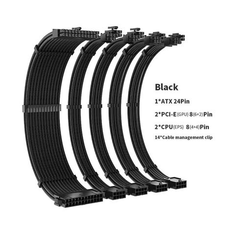 Heavy Duty 18AWG Sleeved Power Cable Extension Cord Set With 24Pin Motherboard Pcie Gpu And Cpu Connectors, black cables arranged for cable management.