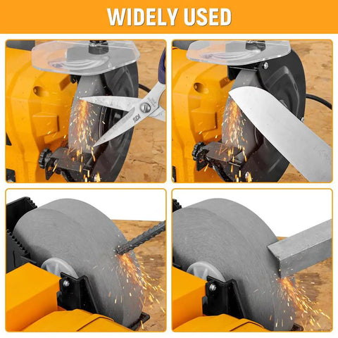 Heavy Duty Wet Dry Bench Grinder With Six And Eight Inch Grinding Wheels powered by 2.1 Amp motor sharpening scissors and knives.