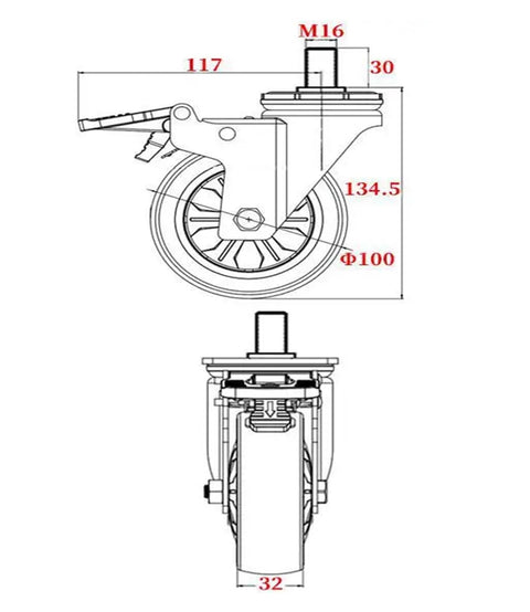 4 Inch Universal Wheel Caster With Brakes, Quiet Rolling, Heavy Duty Load Up To 140Kg, Fits M10 M12 M14 M16 M20 Screws, Brake Wheel For Machinery, Carts, Dollies, And Equipment, Easy Glide For Heavy Goods