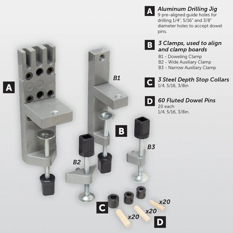 Pro Doweling Kit with pre-aligned hole guides, hardened steel bushings, clamps, depth collars, and dowel pins for uniform joints.