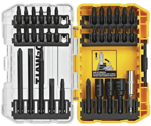 Impact Driver And Screwdriver Bit Set 34 Piece With Connectable Accessory Storage System Pro Grade Bit Bar Patented For Easy Bit Removal And Custom Placement Clear Lid For Quick Contents Check Clip Latch For Secure Closing Durable Build Any Project.