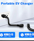 Heavy Duty J1772 Portable Ev Charger Level 1 And 2 Plug Straight In Setup 16 Amp 120v 240v Ready showing NEMA 5-15 and NEMA 6-20 plugs.