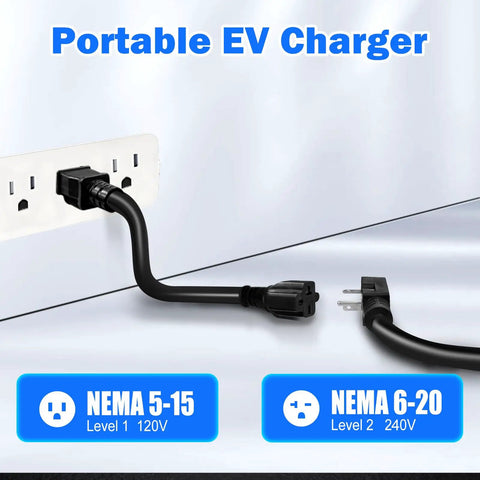 Heavy Duty J1772 Portable Ev Charger Level 1 And 2 Plug Straight In Setup 16 Amp 120v 240v Ready showing NEMA 5-15 and NEMA 6-20 plugs.