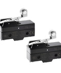 Two TM-1704 Micro Limit Switches With Pivot Roller Lever, 15A 250VAC SPDT 1NO+1NC, black phenolic, front angle view