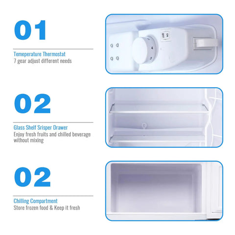 Interior features of Hella Spacious 3.5 Cubic Feet Retro Mini Fridge With Handle Compact Refrigerator including thermostat, glass shelving, and chilling compartment.