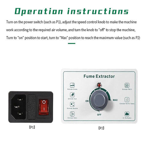 Power switch and control panel of Moveable Welding Fume Extractor With Dual Ports Desktop Smoke Remover And 3 Stage Purifier For Soldering And DIY Phone Repair Dust Filter Pro Grade Ninety Nine Point Seven Percent Filtration Of 0.3 Micron Particles Up To Two Hundred Watts